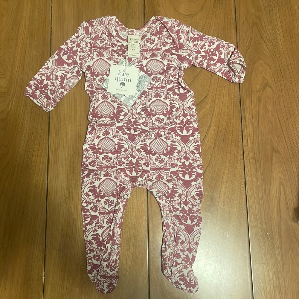 Kate Quinn, long sleeve lap neck footie, rose moss folk floral, NB, NWT